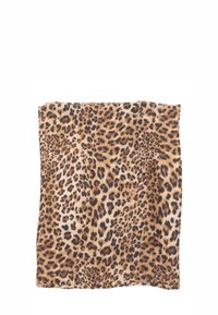 Écharpe à imprimé léopard avec un tissu doux, des tons chauds de beige et marron, et une forme carrée avec une texture lisse.