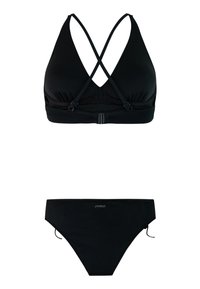 Černý bikiny set obsahuje trojúhelníkový top s nastavitelnými křížovými ramínky a zapínáním na sponu, a ladící kalhotky s nízkým pasem a detailem loga.