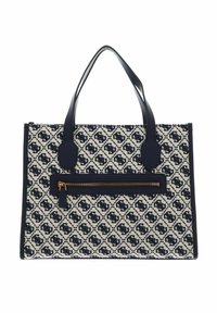 Torebka typu tote w granatowym i kremowym wzorze z podwójnymi uchwytami, strukturalnym materiałem oraz przednią kieszenią na zamek błyskawiczny z detalami w złotym kolorze.