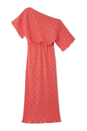 Koralfarbene schulterfreie Kleid mit kurzen Ärmeln, gefältelter Textur, goldenen Punkten und Knielängen. Weicher, leichter Stoff.