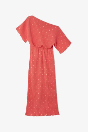 Koralli off-shoulder -mekko, jossa on lyhyet hihat, laskostettu pinta, kultapistekuvio ja polven alapuolelle ulottuva pituus. Pehmeä, kevyt kangas.