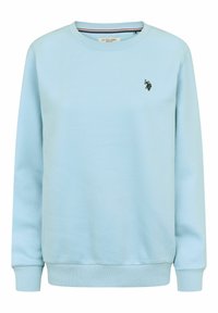 Ljusblå sweatshirt i mjuk bomull. Har långa ärmar, ribbad mudd och en liten broderad logotyp på bröstet.