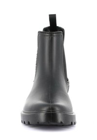 Stivali ankle neri in gomma con finitura liscia, pannelli laterali elasticizzati e una linguetta posteriore per una facile calzata. Presentano una suola testurizzata per una buona aderenza.