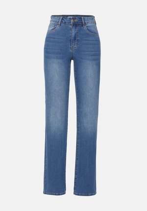 Blaue Denim-Jeans mit geradem Bein, hoher Taille, Fronttaschen und Knopfverschluss. Sie weisen einen leichten Verblassungsgrad und kontrastierende Nähte auf.