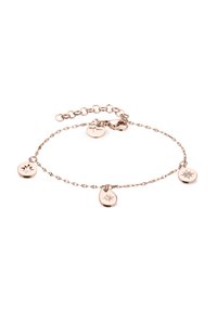 Rose gold bracelet with three charms featuring circular and star shapes. Linked chain design with a lobster clasp for closure.