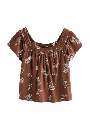 Brun kortærmet bluse med firkantet halsudskæring, der har hvide abstrakte og botaniske linjetegninger samt plisserede detaljer på halsudskæringen.