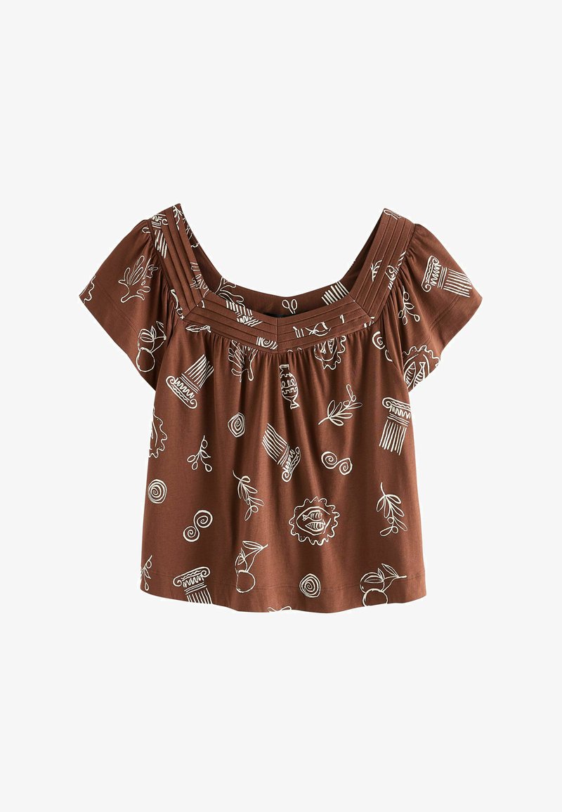 Hnědá blůza s krátkým rukávem a hranatým výstřihem, zdobená bílými abstraktními a botanickými liniovými kresbami a plisovanými detaily na výstřihu.