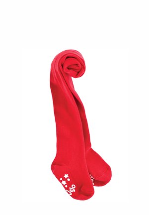 Collant rossi in cotone con una texture liscia, caratterizzati da stelle bianche stampate e testo alla caviglia. Arrotolati in una forma a spirale per la presentazione.