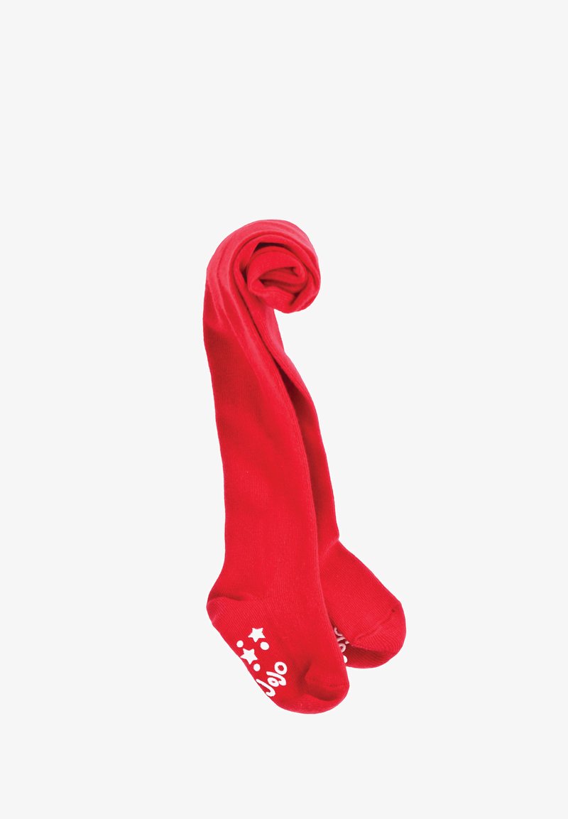 Røde bomuldsstrømpebukser med en glat tekstur, prydet med hvide printede stjerner og tekst ved anklen. Rullet op i en spiralform til præsentation.