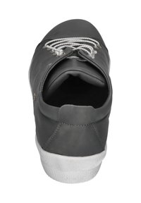Gray leather sneaker with white rubber sole, featuring round laces, a rounded toe, and a padded collar for comfort.