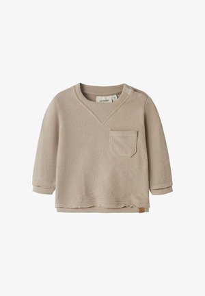 Maglione beige per neonati a maniche lunghe con scollo tondo, piccola tasca sul petto, polsini a costine e etichetta di tessuto nell'orlo.