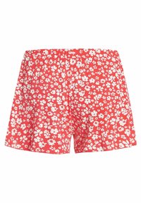 Shorts rouges avec une taille élastique, ornés d'un motif floral blanc et d'une coupe ample. Fabriqués en tissu léger, idéaux pour les vêtements décontractés.