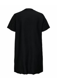 Melnā T-kreklu kleita ar īsām piedurknēm. Gluda auduma ar matētu virsmu, uz piedurknēm ir teksturēti melni akcenti, kas pievieno papildus sīkumu.