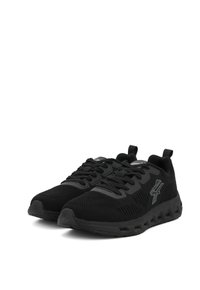 Scarpe sportive nere con tomaia in rete, motivo testurizzato e design leggero. Presentano lacci e una suola in gomma flessibile con grip.