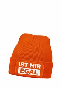 Orange beanie made of ribbed knit material, featuring a rectangular patch with "IST MIR EGAL" in bold white text on the front.