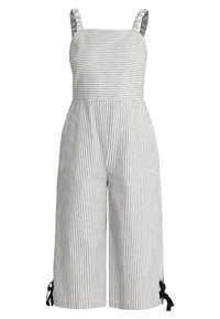 Combinaison rayée à jambes larges, en tissu léger. Caractérisée par des bretelles épaisses et des accents de nœuds noirs à l'ourlet.