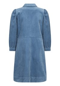 Robe à manches longues en velours côtelé bleu avec poignets froncés et col, vue de dos.