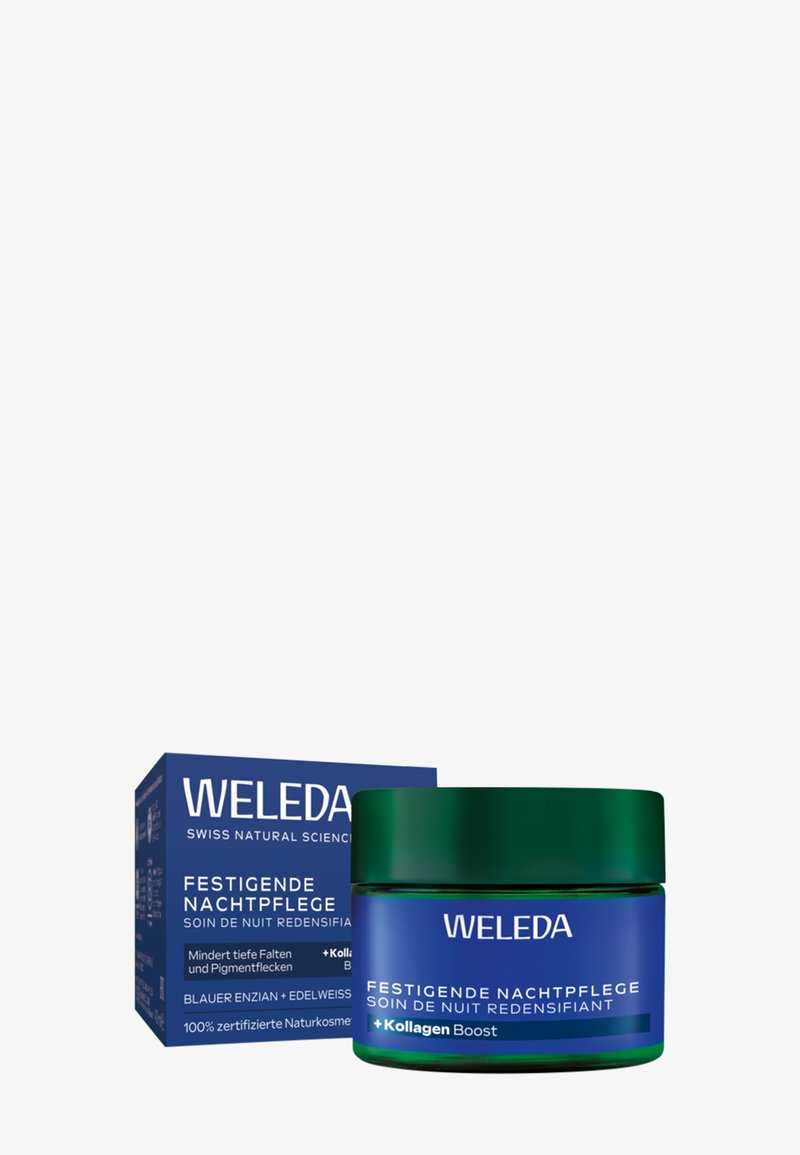 Zielony i niebieski słoik z pasującą pokrywką, z logo „Weleda”; towarzyszy mu niebieskie pudełko z białym tekstem opisującym zalety produktu.