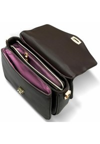 Rectangular black leather bag with a textured surface, featuring a purple interior and gold hardware. Two zippered compartments visible.