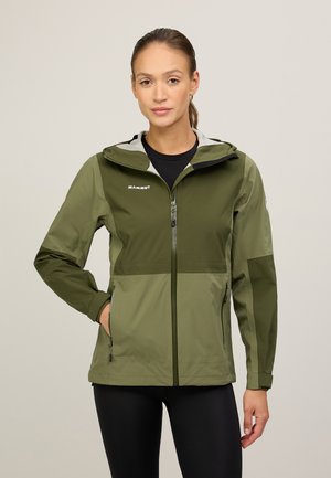 Olive green jacket with a zip front, hood, and side pockets. Features a lighter green accent across the chest and shoulders.