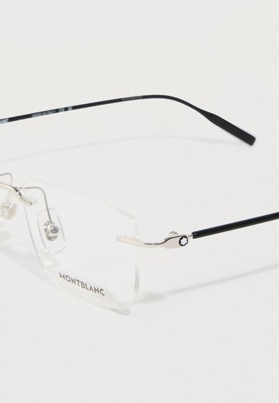 Montblanci raamita ristkülikukujulised prillid mustade õhukeste varsade ja hõbedaste aktsentidega valgel taustal.