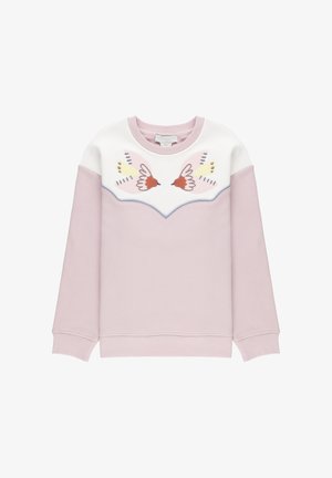 Felpa rosa con sezione superiore bianca, decorata con uccelli ricamati in rosa, giallo e arancione. Tessuto morbido, collo rotondo, maniche lunghe.