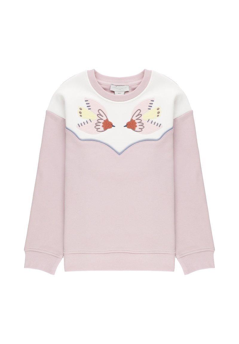 Felpa rosa con sezione superiore bianca, decorata con uccelli ricamati in rosa, giallo e arancione. Tessuto morbido, collo rotondo, maniche lunghe.