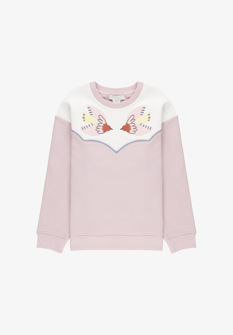 Felpa rosa con sezione superiore bianca, decorata con uccelli ricamati in rosa, giallo e arancione. Tessuto morbido, collo rotondo, maniche lunghe.