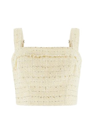 Haut court couleur crème en tissu tissé texturé avec un décolleté carré et des larges bretelles. Comprend des fils métalliques subtils dans le tissage.