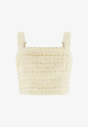 Haut court couleur crème en tissu tissé texturé avec un décolleté carré et des larges bretelles. Comprend des fils métalliques subtils dans le tissage.