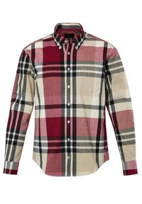 Camicia con bottoni e maniche lunghe, caratterizzata da un motivo a quadri rosso, grigio e beige, realizzata in tessuto morbido, con una singola tasca sul petto.