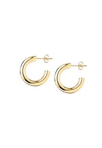 Orecchini a cerchio color oro con una superficie liscia e lucida e un design circolare curvato. Presentano una chiusura sicura con perno e retro.