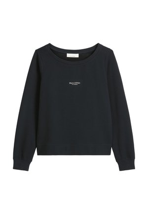 Donker marineblauwe sweatshirt met een ronde halslijn, ribgebreide manchetten en zoom. Bevat een klein wit logo gecentreerd op de borst. Soepele katoenstructuur.