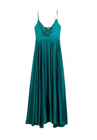 Maxi dress teal in satin con spalline sottili, scollatura a V e dettaglio arricciato sul seno. Silhouette ad A-line fluida con una texture liscia e lucida.