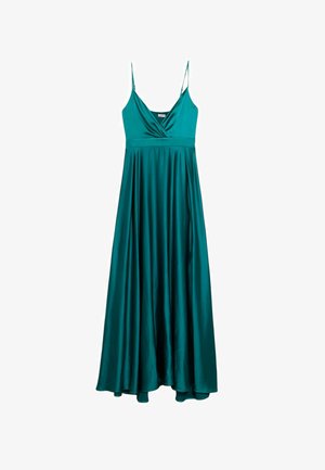 Maxi dress teal in satin con spalline sottili, scollatura a V e dettaglio arricciato sul seno. Silhouette ad A-line fluida con una texture liscia e lucida.