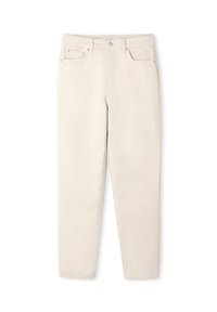 Jeans beiges de talle alto con un diseño de pierna recta. Cuenta con cinco bolsillos y un cierre de botón metálico, fabricados en resistente tela de algodón.