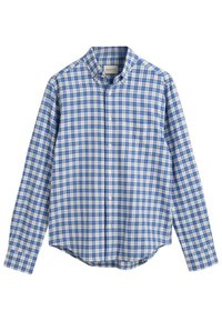 Blå og hvit rutete skjorte med lange ermer, spiss krage og brystlomme. Laget av bomull med en jevn tekstur.