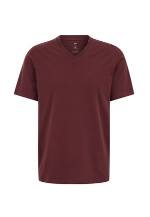 Maroon short-sleeve cotton T-shirt with V-neck, size medium, displayed on a plain white background.