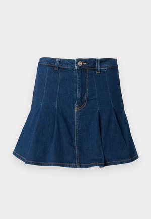 Jeanskjol i mörkblått, med en plisserad design, fem fickor, en framknäppning och kontrasterande sömdetaljer.