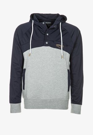 Hooded sweatshirt in gray and navy, featuring a buttoned placket, drawstrings, two front pockets, and ribbed cuffs. Textile mix with smooth texture.