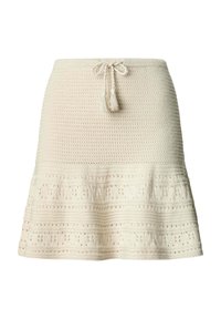 Gonna a maglia color crema con motivi texture e vita con coulisse e terminali a nappina, leggermente svasata all'orlo.