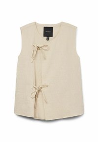 Beige linnen mouwloos topje met een V-halsontwerp, voorzien van twee gestrikte sluitingen aan de voorkant en een gestructureerd oppervlak. Etiket zichtbaar bij de halslijn.