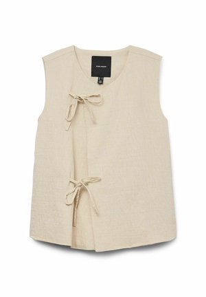 Haut sans manches en lin beige avec un décolleté en V, présentant deux liens noués à l'avant et une surface texturée. Étiquette visible au niveau du décolleté.