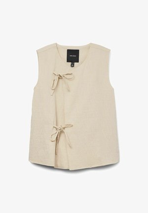 Beige linne ärmlös topp med V-ringning, med två knytningar fram och en texturerad yta. Lappen synlig vid halsringningen.