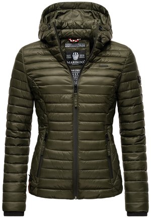 Olive green puffer jacket with a hood, zippered front, and horizontal quilted design. Features two side pockets and elastic cuffs.