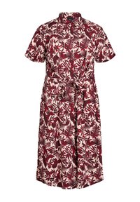 Vestido floral con una paleta de colores en rojo y crema, mangas cortas, cuello con solapa, cintura ceñida con cinturón y dobladillo a la altura de la rodilla.
