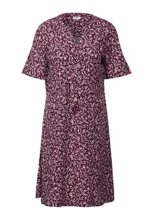 Floral-patterned dress in dark burgundy with short sleeves and a v-neck. Features a cinched waist and flowing skirt.