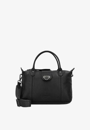 Bolso de cuero negro con asas dobles, correa de hombro desmontable, herrajes de metal y una solapa frontal con cierre de broche.