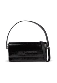 Borsa a tracolla in pelle patinata nera con forma rettangolare, logo impresso e una sottile tracolla regolabile. Texture liscia e finitura lucida.