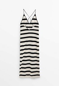 Robe sans manches à rayures noires et blanches avec un décolleté en V et des bretelles croisées dans le dos, fabriquée à partir d'un tissu doux et texturé.